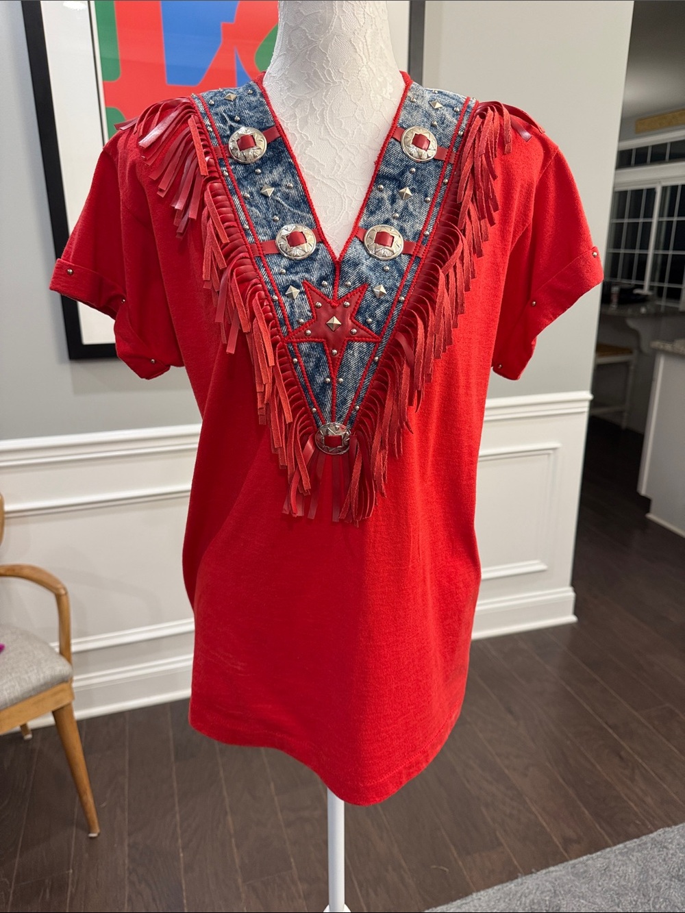 Americana 4th of July Joanie W. Vintage Red Americana Tee with Fringe